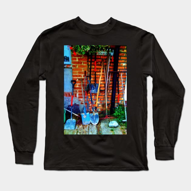 Rakes & Shovels Leaning on a Brick Wall in the Garden Long Sleeve T-Shirt by 1Redbublppasswo